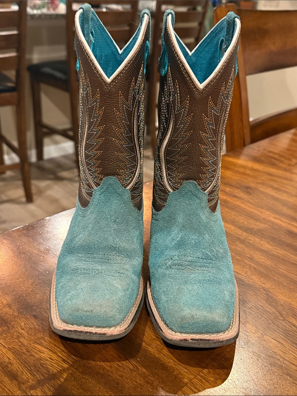 Youth Girls Ariat Turquoise Suede & Brown Leather Western Cowboy Boots